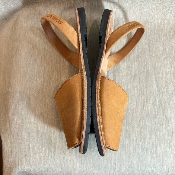SOLILLAS Sz 41 Leather Avarca Menorca Slip On Slides Flats Tan Peep Toe Sandals - Picture 9 of 12